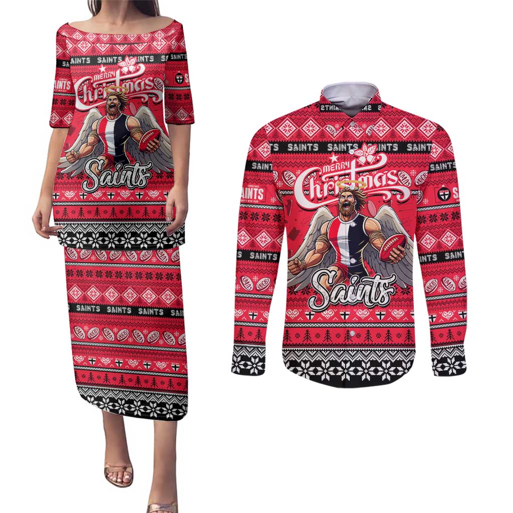 Personalized Saints Rugby Xmas Couples Matching Puletasi and Long Sleeve Button Shirt Australia AFL Mascot