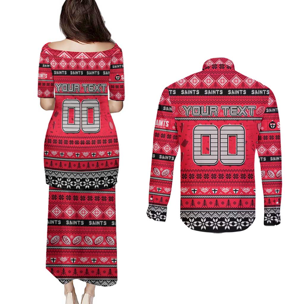 Personalized Saints Rugby Xmas Couples Matching Puletasi and Long Sleeve Button Shirt Australia AFL Mascot