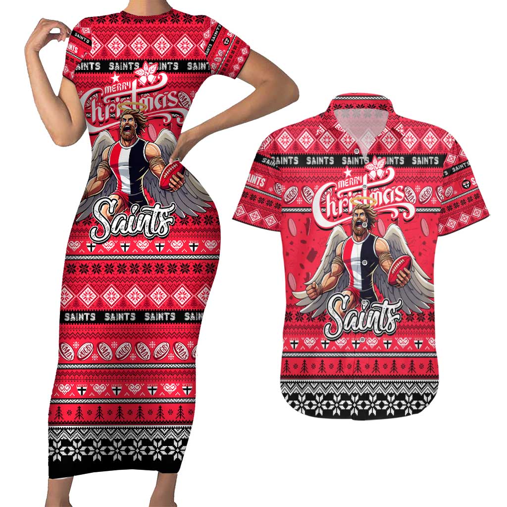 Personalized Saints Rugby Xmas Couples Matching Short Sleeve Bodycon Dress and Hawaiian Shirt Australia AFL Mascot