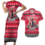 Personalized Saints Rugby Xmas Couples Matching Short Sleeve Bodycon Dress and Hawaiian Shirt Australia AFL Mascot