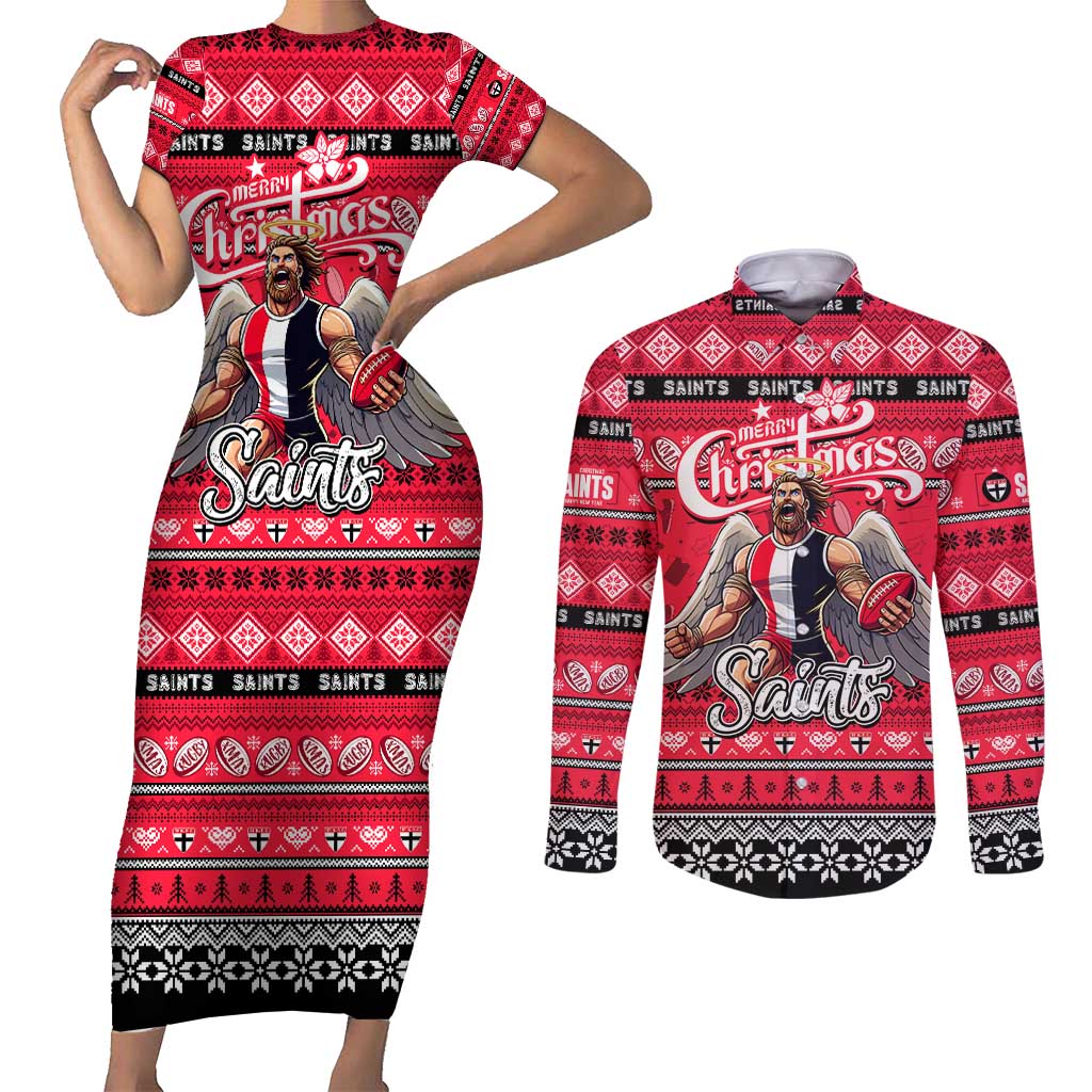 Personalized Saints Rugby Xmas Couples Matching Short Sleeve Bodycon Dress and Long Sleeve Button Shirt Australia AFL Mascot