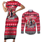Personalized Saints Rugby Xmas Couples Matching Short Sleeve Bodycon Dress and Long Sleeve Button Shirt Australia AFL Mascot