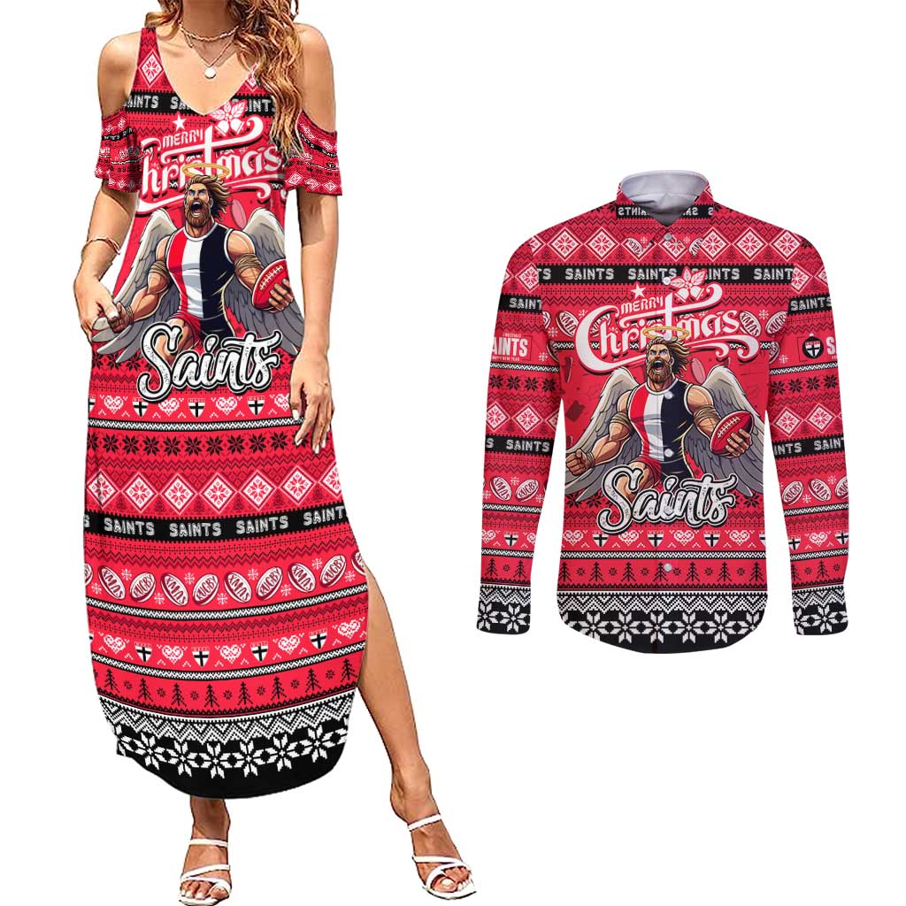 Personalized Saints Rugby Xmas Couples Matching Summer Maxi Dress and Long Sleeve Button Shirt Australia AFL Mascot