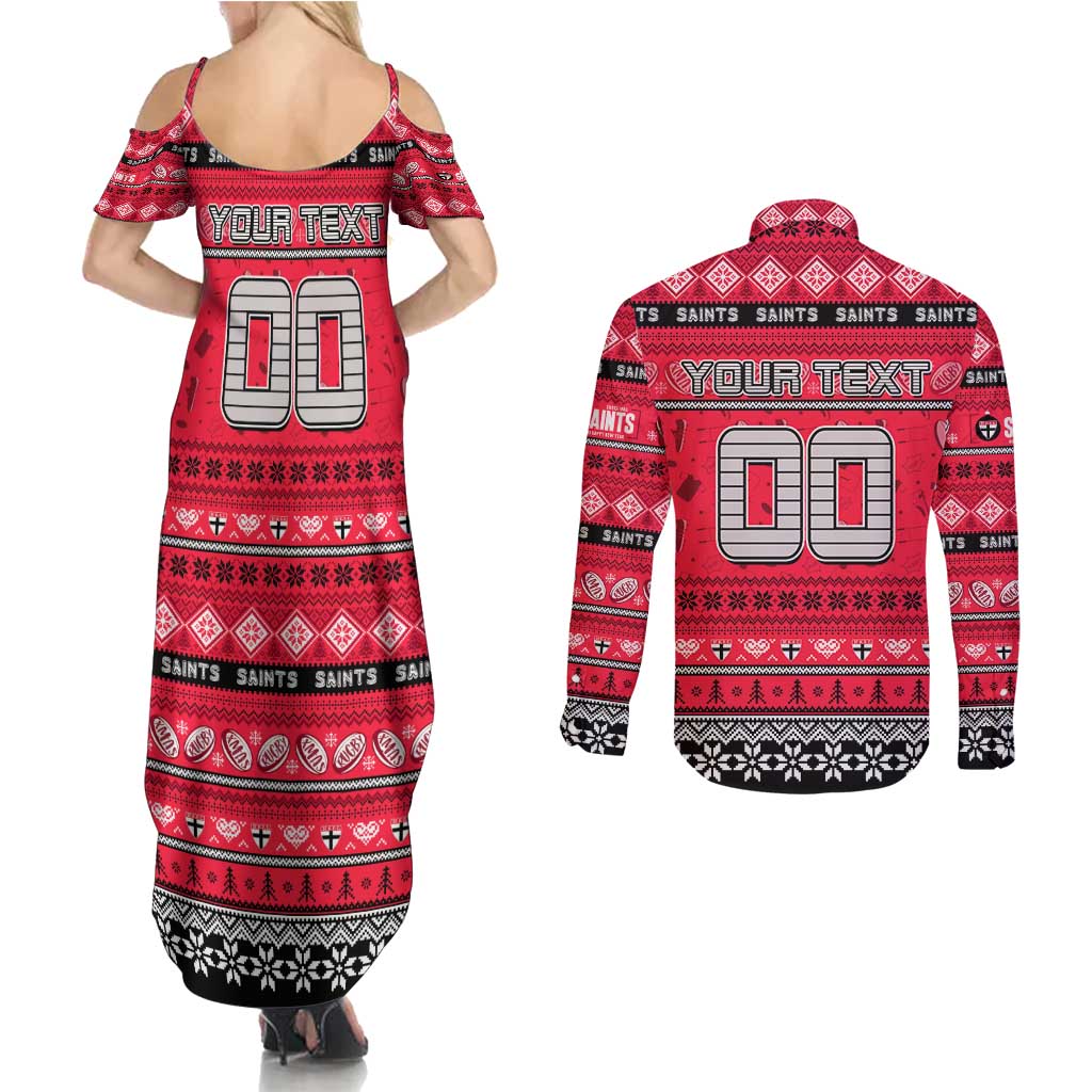 Personalized Saints Rugby Xmas Couples Matching Summer Maxi Dress and Long Sleeve Button Shirt Australia AFL Mascot