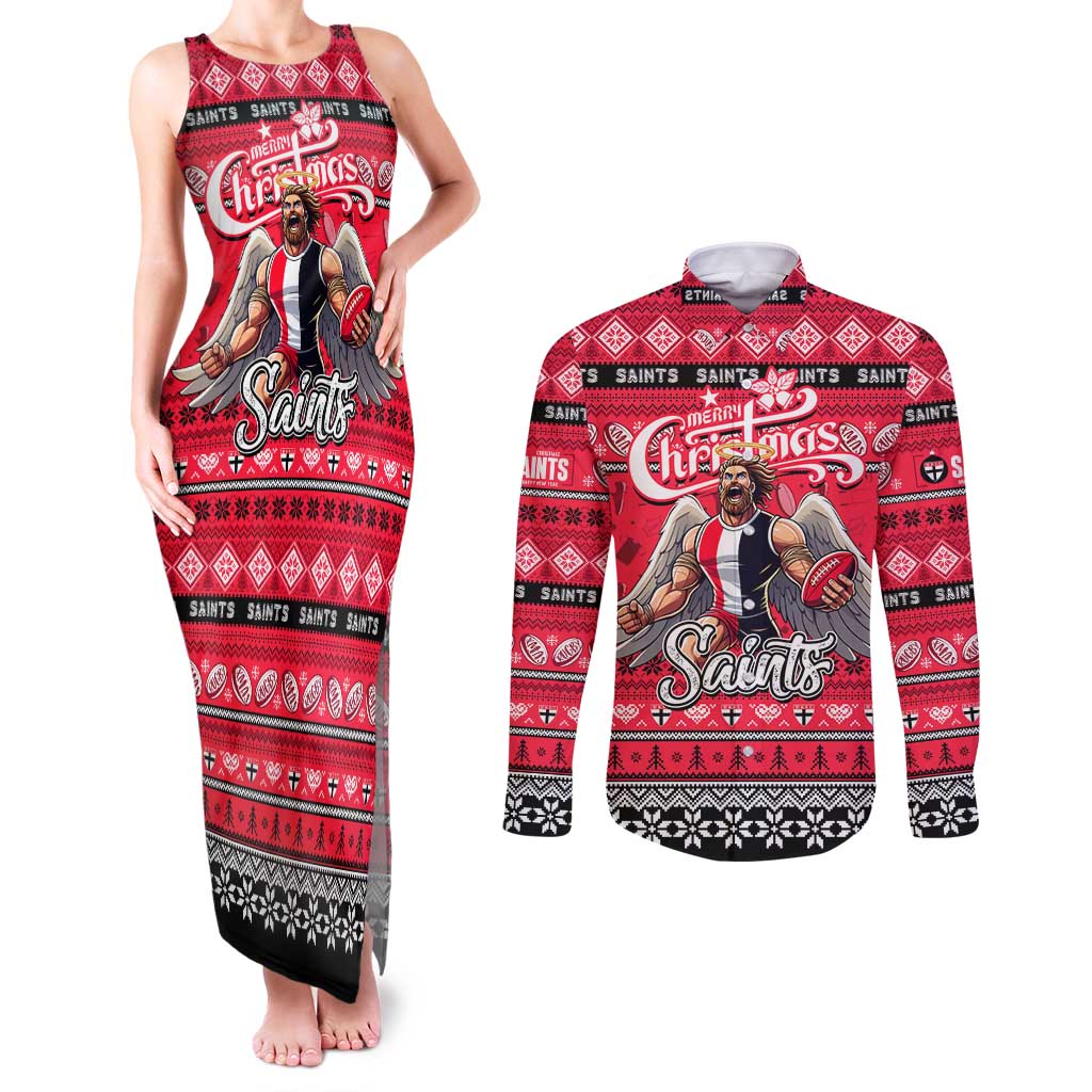 Personalized Saints Rugby Xmas Couples Matching Tank Maxi Dress and Long Sleeve Button Shirt Australia AFL Mascot