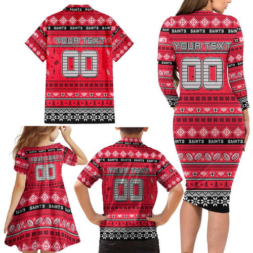 Personalized Saints Rugby Xmas Family Matching Long Sleeve Bodycon Dress and Hawaiian Shirt Australia AFL Mascot