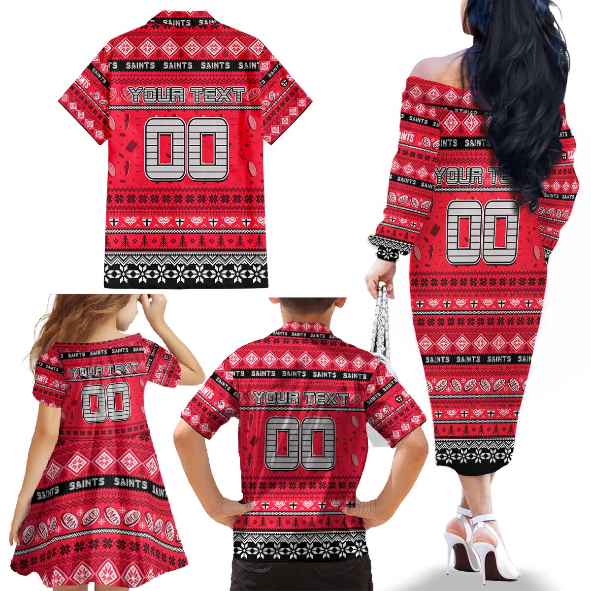 Personalized Saints Rugby Xmas Family Matching Off The Shoulder Long Sleeve Dress and Hawaiian Shirt Australia AFL Mascot