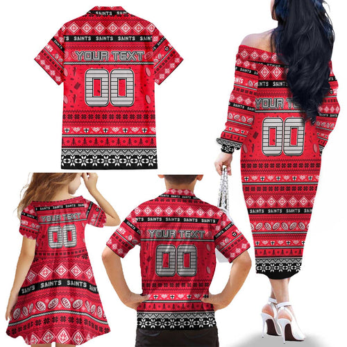 Personalized Saints Rugby Xmas Family Matching Off The Shoulder Long Sleeve Dress and Hawaiian Shirt Australia AFL Mascot