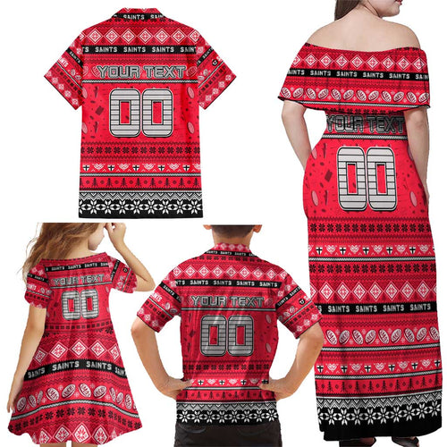 Personalized Saints Rugby Xmas Family Matching Off Shoulder Maxi Dress and Hawaiian Shirt Australia AFL Mascot