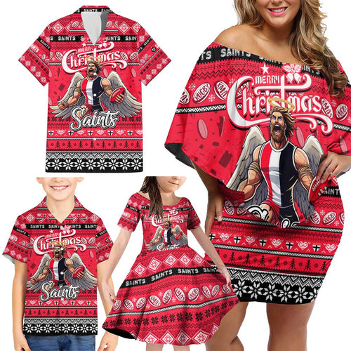 Personalized Saints Rugby Xmas Family Matching Off Shoulder Short Dress and Hawaiian Shirt Australia AFL Mascot