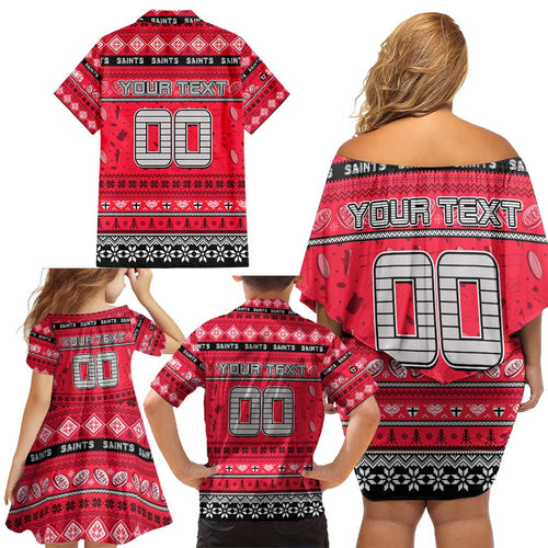 Personalized Saints Rugby Xmas Family Matching Off Shoulder Short Dress and Hawaiian Shirt Australia AFL Mascot