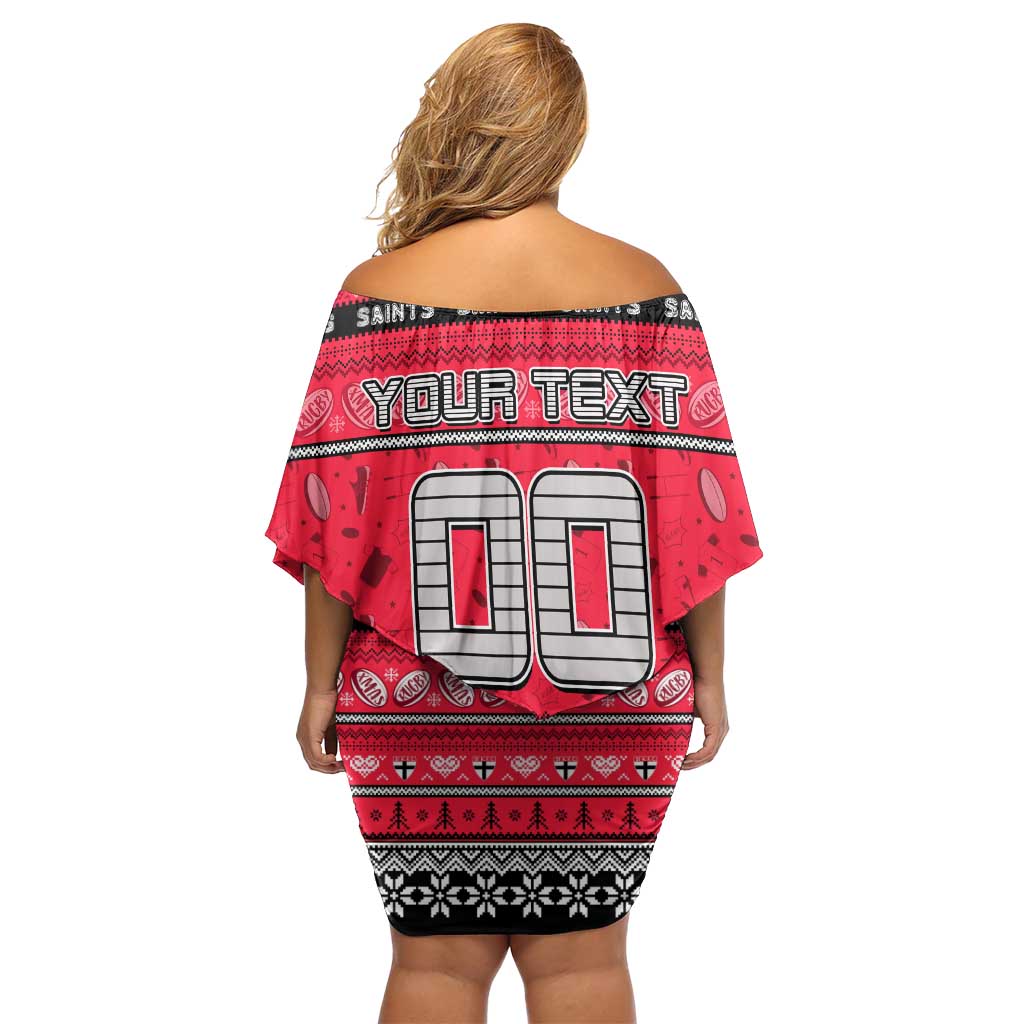 Personalized Saints Rugby Xmas Family Matching Off Shoulder Short Dress and Hawaiian Shirt Australia AFL Mascot