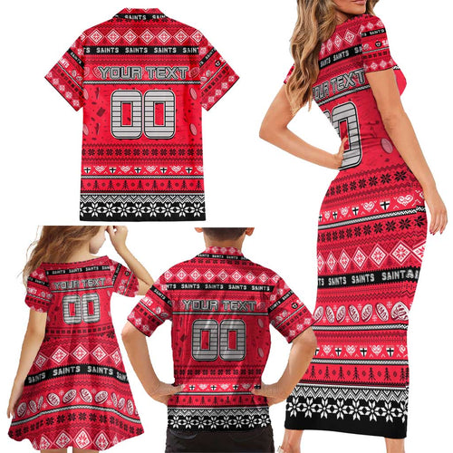 Personalized Saints Rugby Xmas Family Matching Short Sleeve Bodycon Dress and Hawaiian Shirt Australia AFL Mascot
