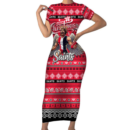 Personalized Saints Rugby Xmas Family Matching Short Sleeve Bodycon Dress and Hawaiian Shirt Australia AFL Mascot