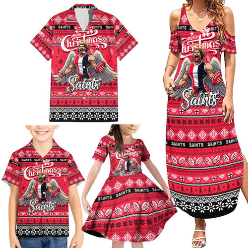 Personalized Saints Rugby Xmas Family Matching Summer Maxi Dress and Hawaiian Shirt Australia AFL Mascot