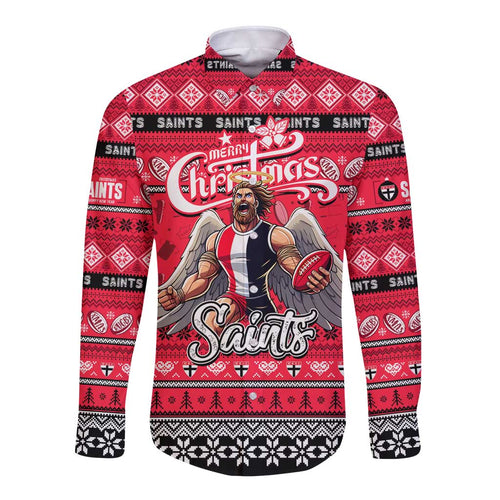 Personalized Saints Rugby Xmas Long Sleeve Button Shirt Australia AFL Mascot