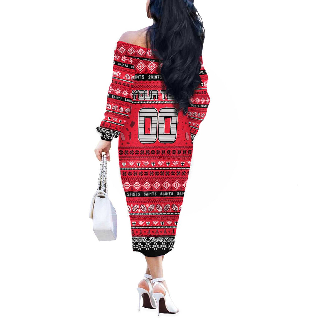 Personalized Saints Rugby Xmas Off The Shoulder Long Sleeve Dress Australia AFL Mascot
