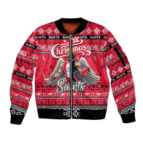 Personalized Saints Rugby Xmas Sleeve Zip Bomber Jacket Australia AFL Mascot