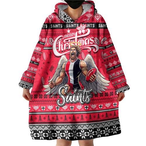Personalized Saints Rugby Xmas Wearable Blanket Hoodie Australia AFL Mascot