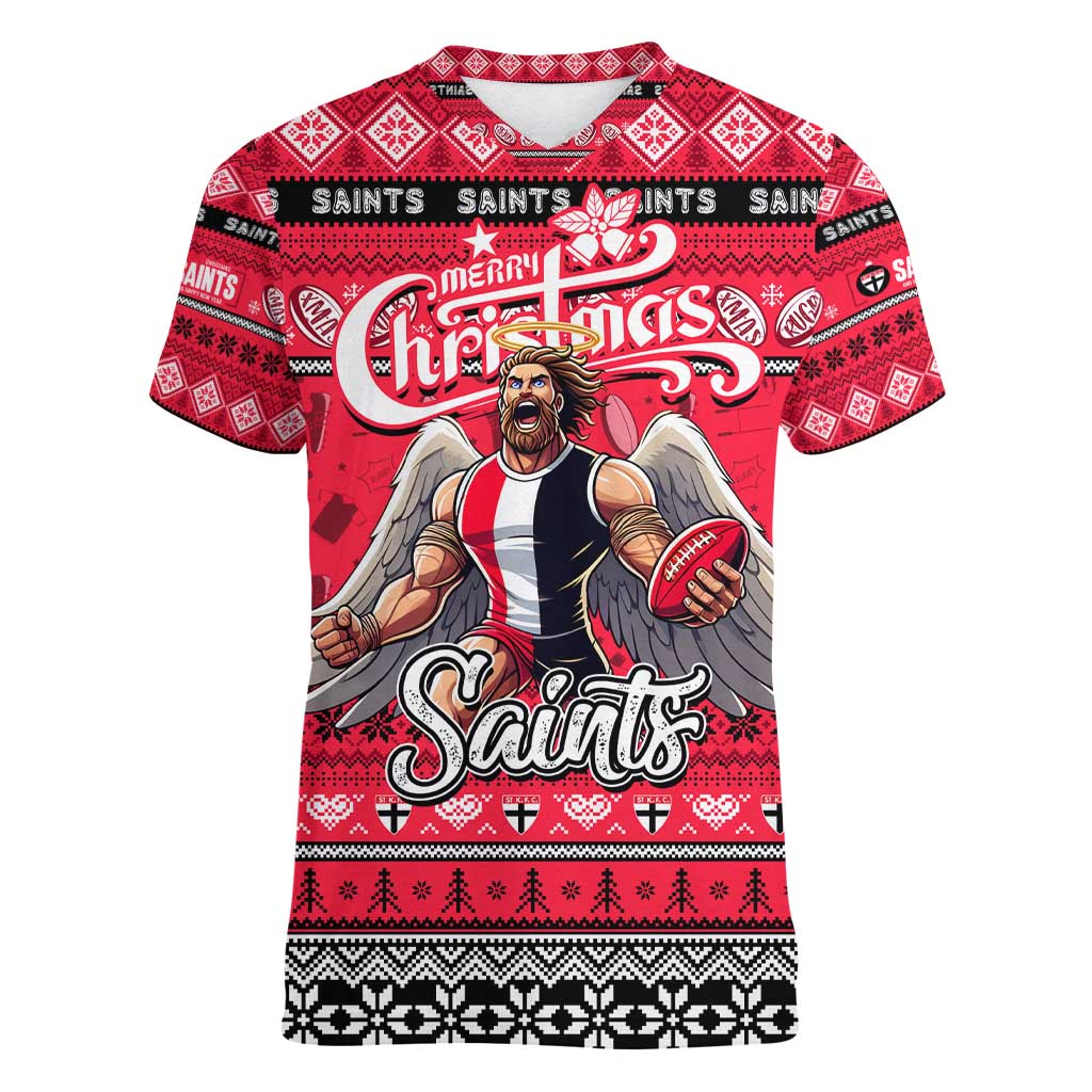 Personalized Saints Rugby Xmas Women V-Neck T-Shirt Australia AFL Mascot