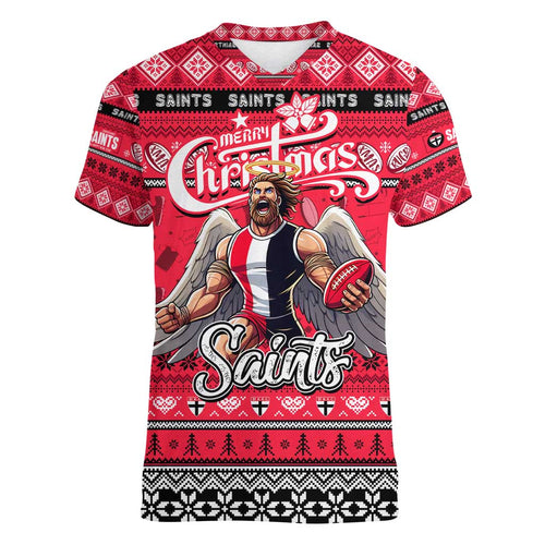 Personalized Saints Rugby Xmas Women V-Neck T-Shirt Australia AFL Mascot