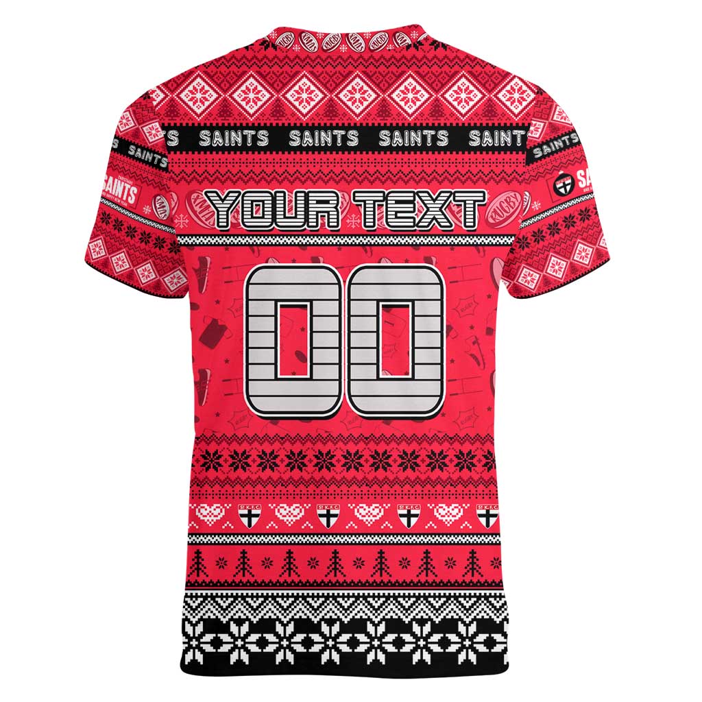 Personalized Saints Rugby Xmas Women V-Neck T-Shirt Australia AFL Mascot