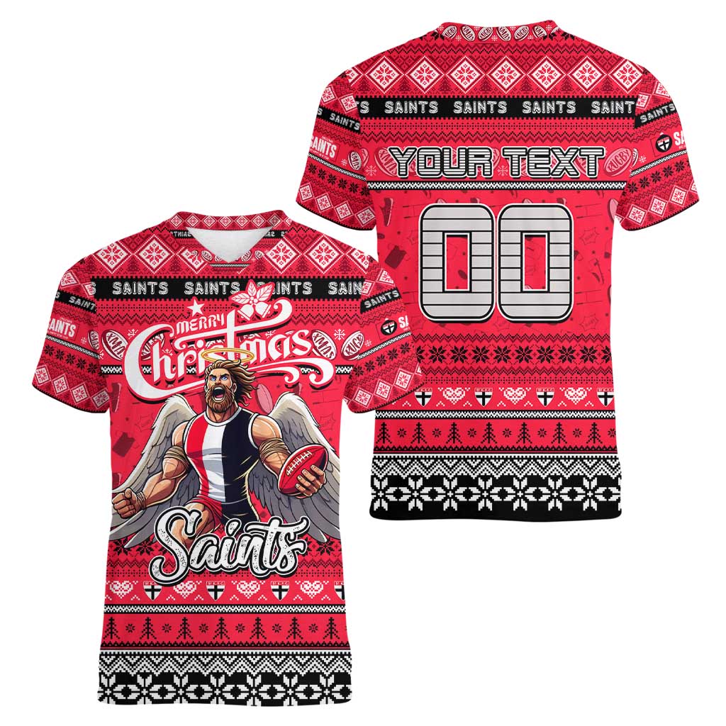 Personalized Saints Rugby Xmas Women V-Neck T-Shirt Australia AFL Mascot
