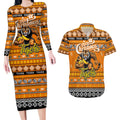 Personalized Tigers Rugby Xmas Couples Matching Long Sleeve Bodycon Dress and Hawaiian Shirt Australia AFL Mascot