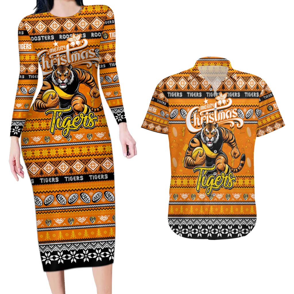 Personalized Tigers Rugby Xmas Couples Matching Long Sleeve Bodycon Dress and Hawaiian Shirt Australia AFL Mascot