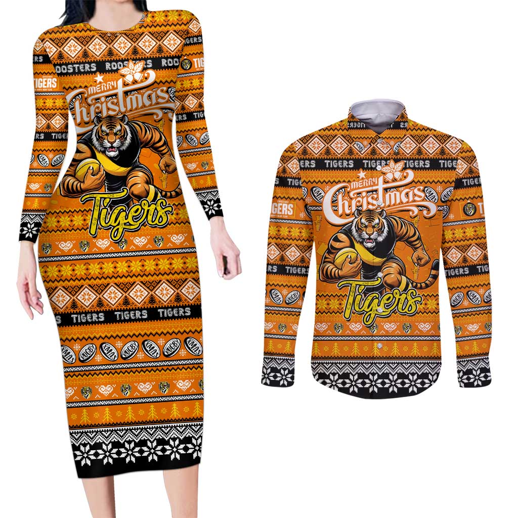 Personalized Tigers Rugby Xmas Couples Matching Long Sleeve Bodycon Dress and Long Sleeve Button Shirt Australia AFL Mascot