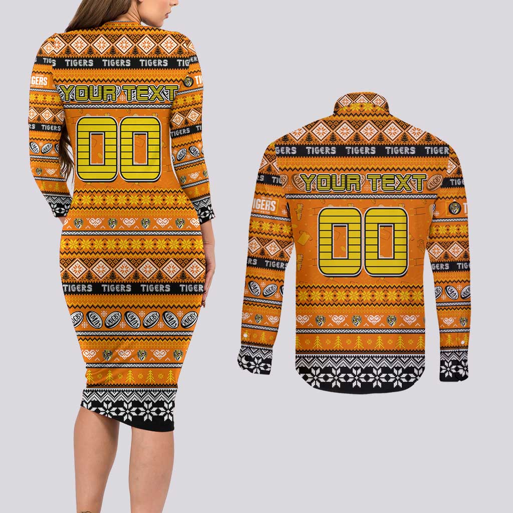 Personalized Tigers Rugby Xmas Couples Matching Long Sleeve Bodycon Dress and Long Sleeve Button Shirt Australia AFL Mascot