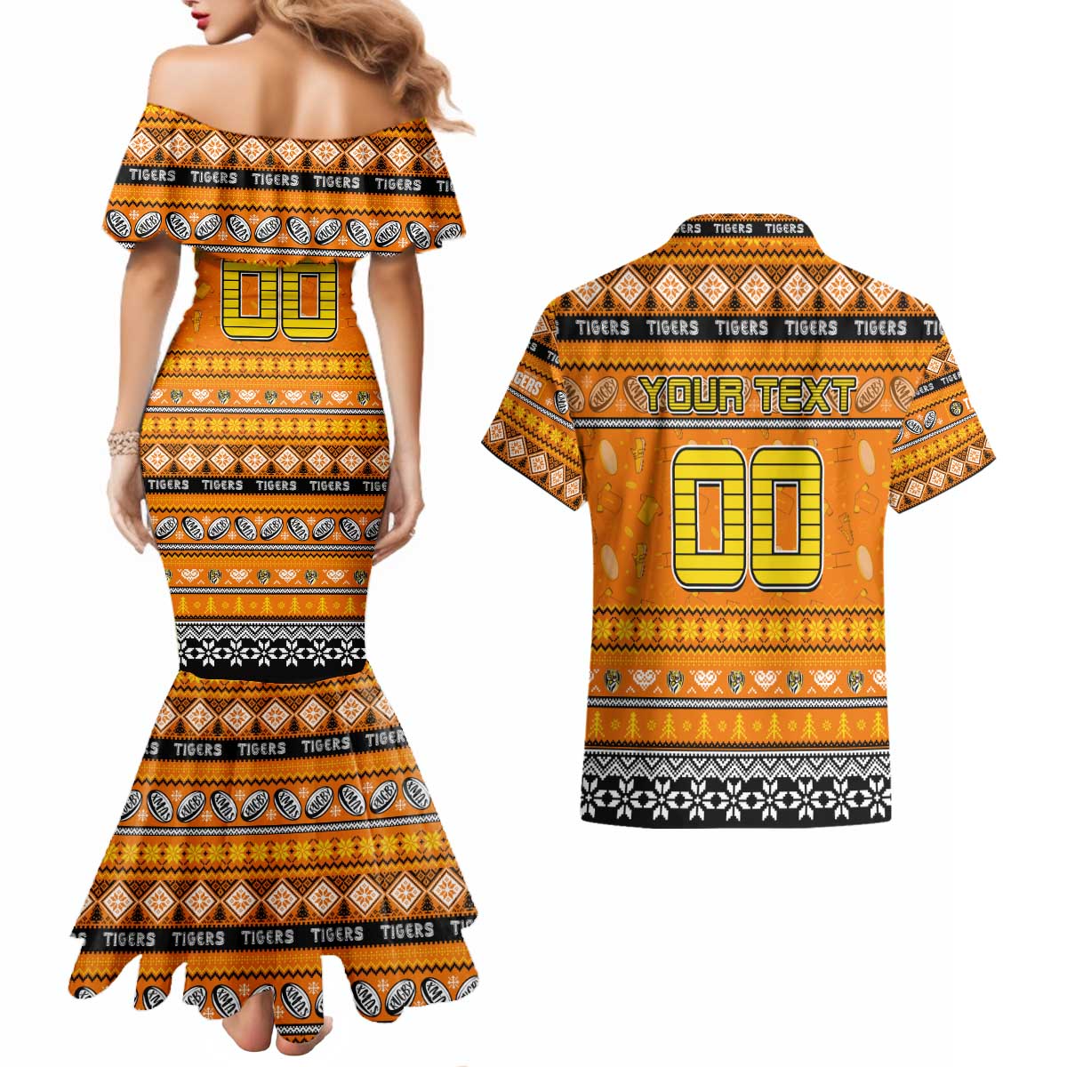 Personalized Tigers Rugby Xmas Couples Matching Mermaid Dress and Hawaiian Shirt Australia AFL Mascot