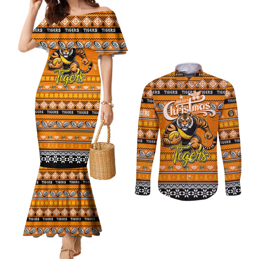 Personalized Tigers Rugby Xmas Couples Matching Mermaid Dress and Long Sleeve Button Shirt Australia AFL Mascot