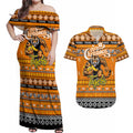 Personalized Tigers Rugby Xmas Couples Matching Off Shoulder Maxi Dress and Hawaiian Shirt Australia AFL Mascot