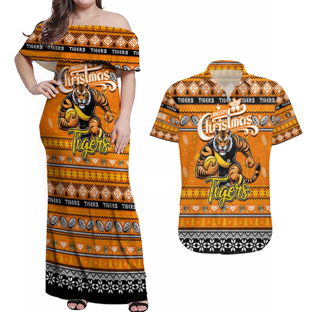 Personalized Tigers Rugby Xmas Couples Matching Off Shoulder Maxi Dress and Hawaiian Shirt Australia AFL Mascot