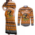 Personalized Tigers Rugby Xmas Couples Matching Off Shoulder Maxi Dress and Long Sleeve Button Shirt Australia AFL Mascot