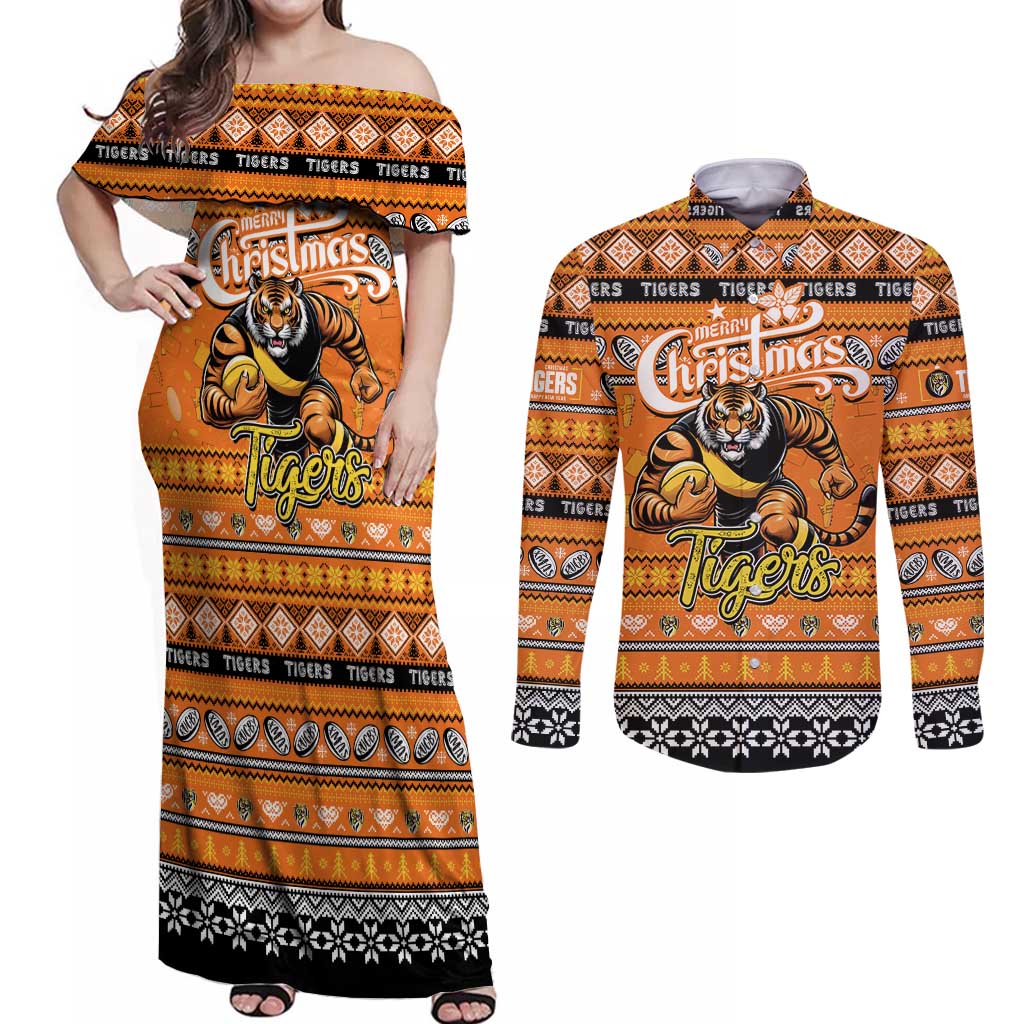 Personalized Tigers Rugby Xmas Couples Matching Off Shoulder Maxi Dress and Long Sleeve Button Shirt Australia AFL Mascot