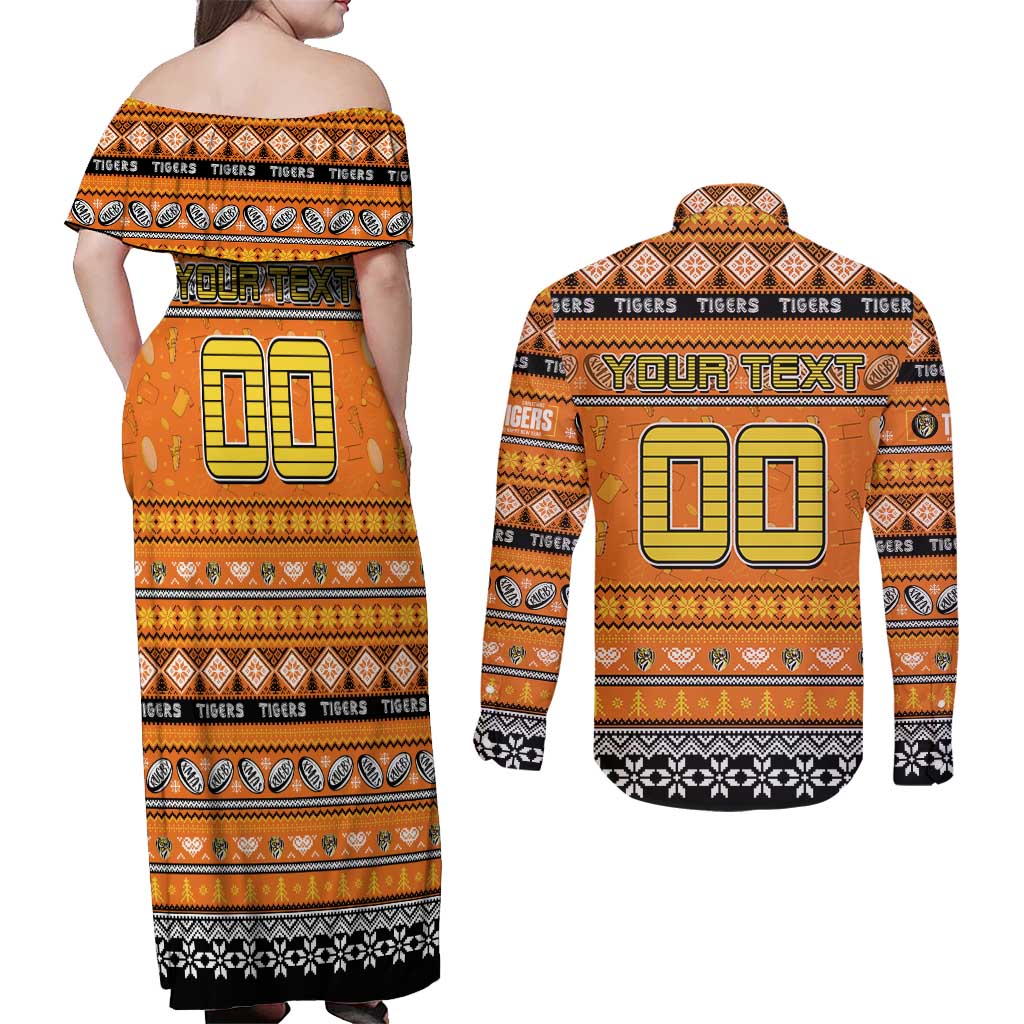 Personalized Tigers Rugby Xmas Couples Matching Off Shoulder Maxi Dress and Long Sleeve Button Shirt Australia AFL Mascot