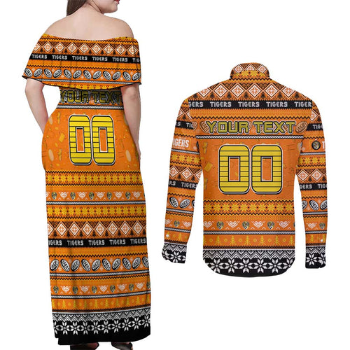 Personalized Tigers Rugby Xmas Couples Matching Off Shoulder Maxi Dress and Long Sleeve Button Shirt Australia AFL Mascot