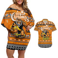 Personalized Tigers Rugby Xmas Couples Matching Off Shoulder Short Dress and Hawaiian Shirt Australia AFL Mascot