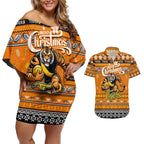 Personalized Tigers Rugby Xmas Couples Matching Off Shoulder Short Dress and Hawaiian Shirt Australia AFL Mascot