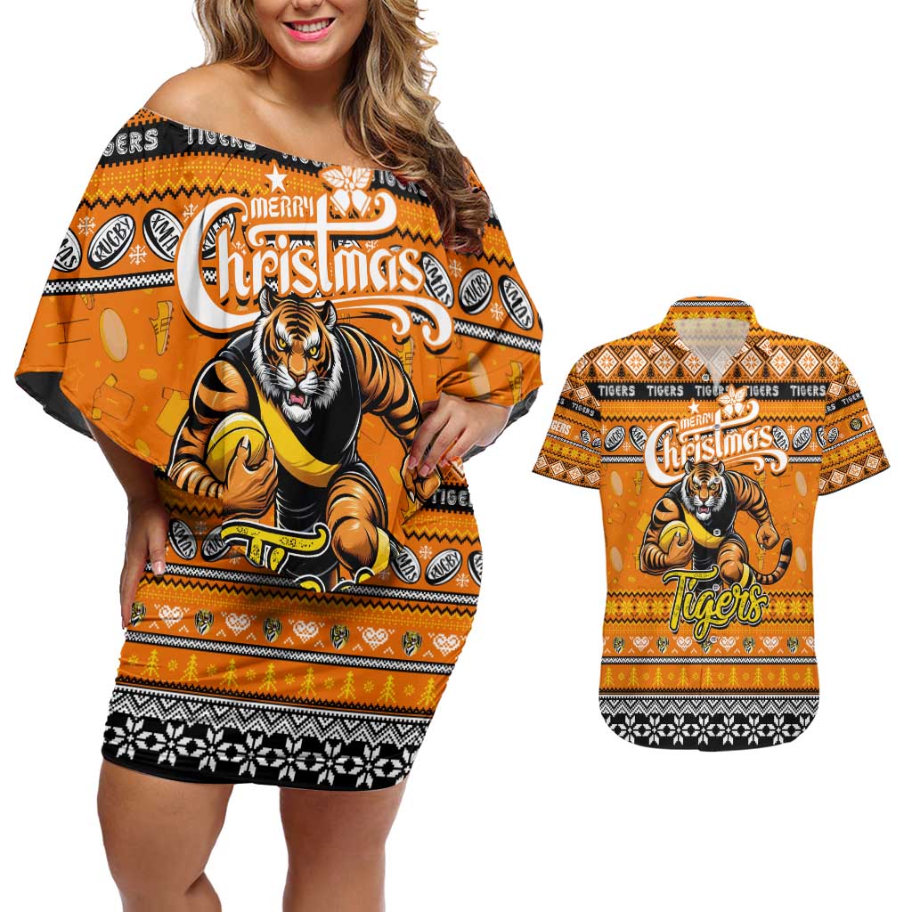 Personalized Tigers Rugby Xmas Couples Matching Off Shoulder Short Dress and Hawaiian Shirt Australia AFL Mascot