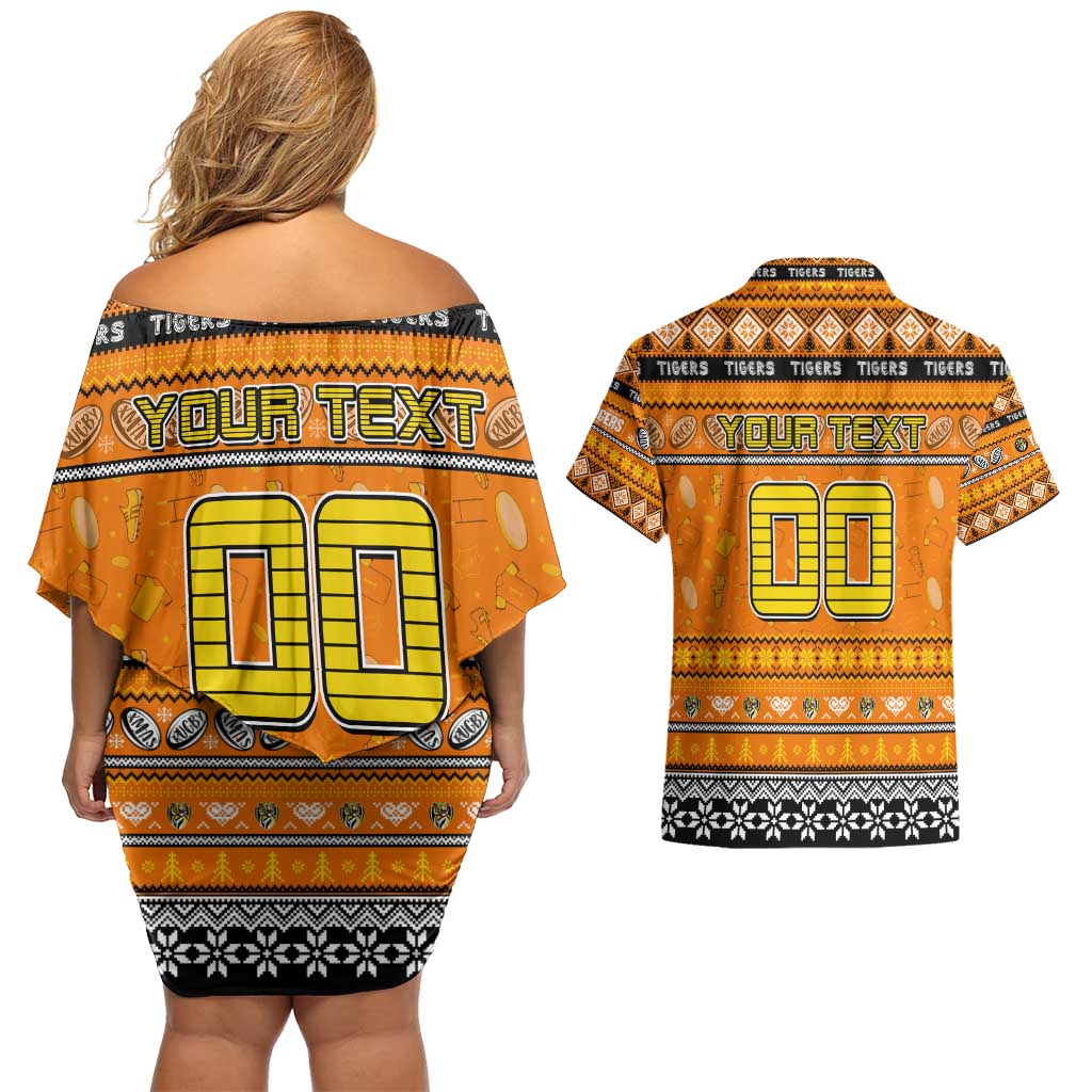 Personalized Tigers Rugby Xmas Couples Matching Off Shoulder Short Dress and Hawaiian Shirt Australia AFL Mascot
