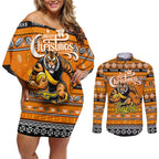 Personalized Tigers Rugby Xmas Couples Matching Off Shoulder Short Dress and Long Sleeve Button Shirt Australia AFL Mascot