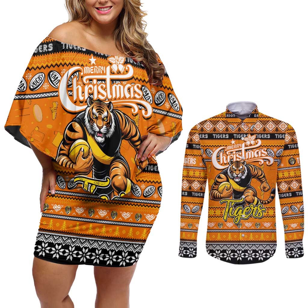 Personalized Tigers Rugby Xmas Couples Matching Off Shoulder Short Dress and Long Sleeve Button Shirt Australia AFL Mascot