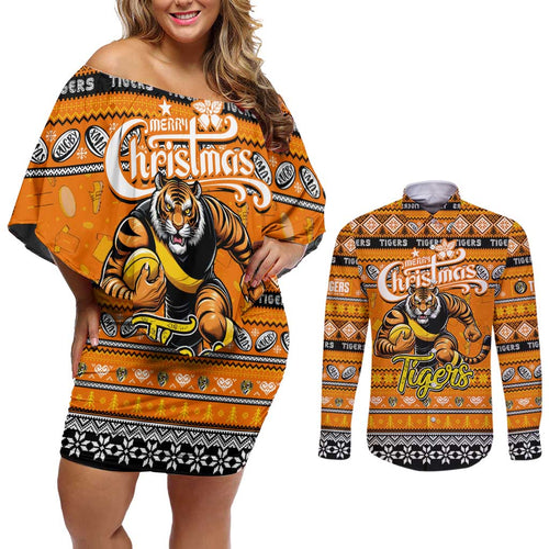 Personalized Tigers Rugby Xmas Couples Matching Off Shoulder Short Dress and Long Sleeve Button Shirt Australia AFL Mascot