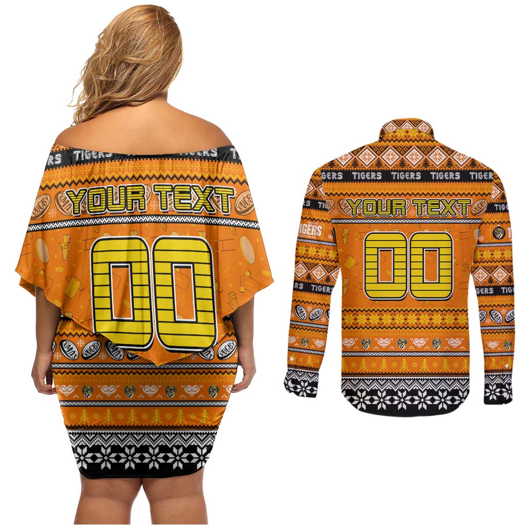 Personalized Tigers Rugby Xmas Couples Matching Off Shoulder Short Dress and Long Sleeve Button Shirt Australia AFL Mascot