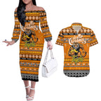 Personalized Tigers Rugby Xmas Couples Matching Off The Shoulder Long Sleeve Dress and Hawaiian Shirt Australia AFL Mascot
