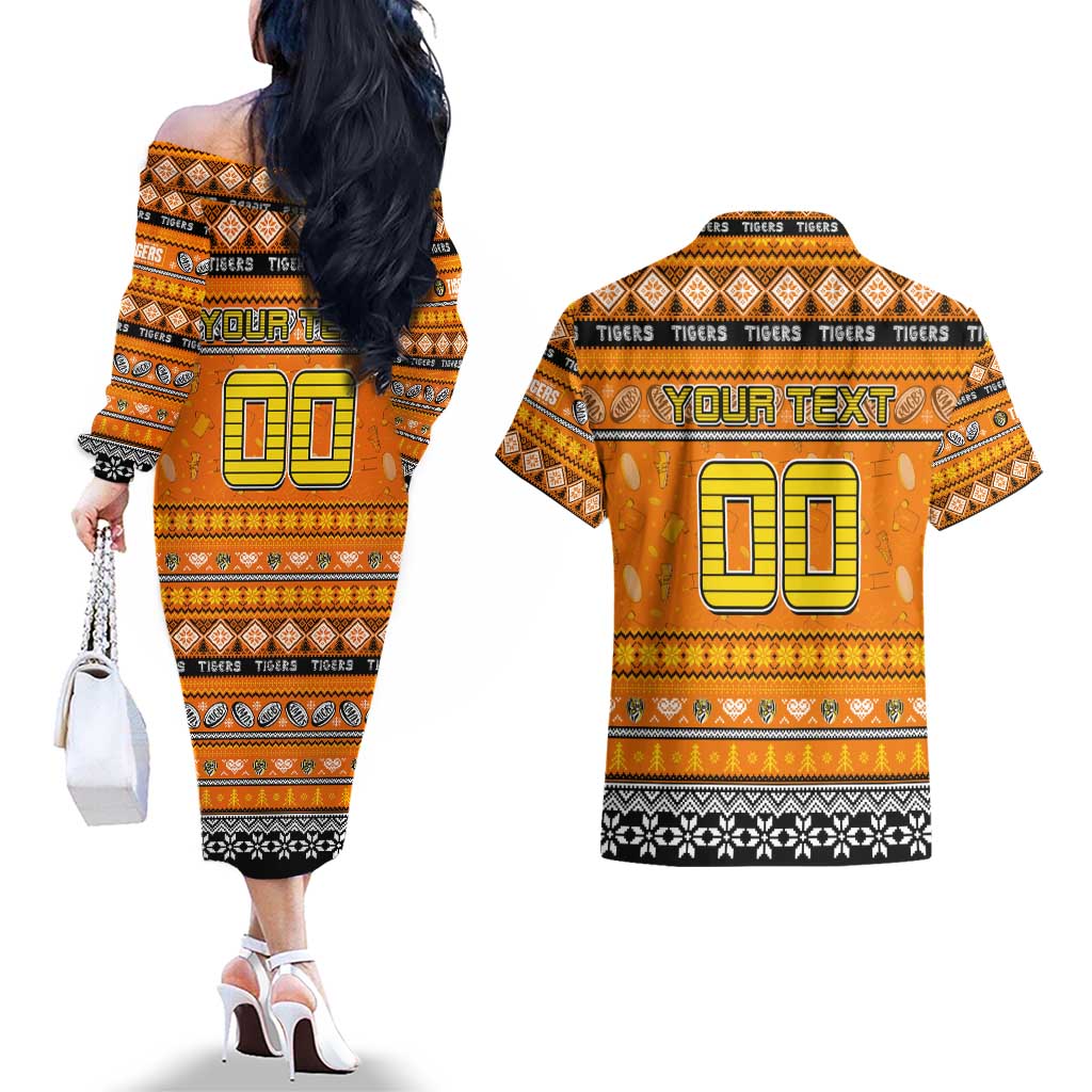 Personalized Tigers Rugby Xmas Couples Matching Off The Shoulder Long Sleeve Dress and Hawaiian Shirt Australia AFL Mascot