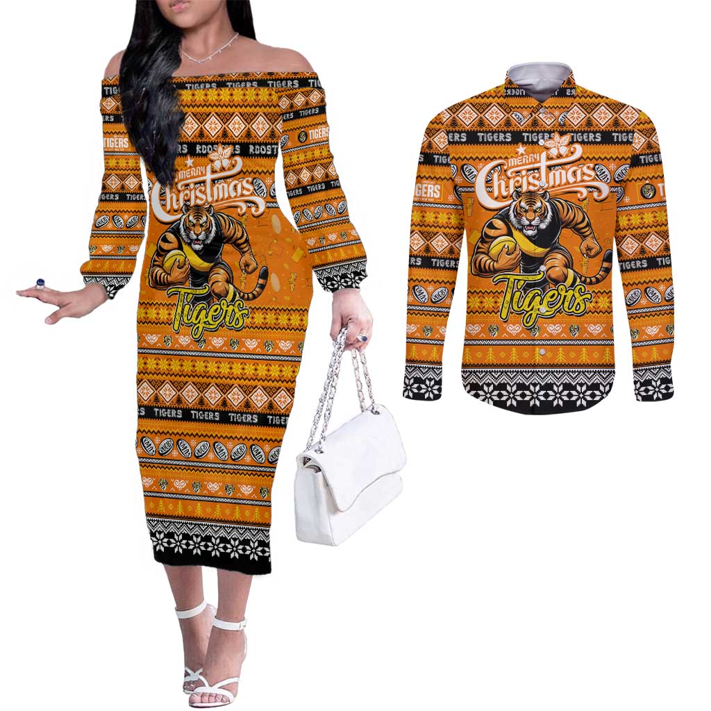 Personalized Tigers Rugby Xmas Couples Matching Off The Shoulder Long Sleeve Dress and Long Sleeve Button Shirt Australia AFL Mascot